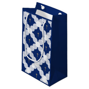 Sacola Para Presentes Pequena Bebê Menino batismo Escuro Azul, cruz branca