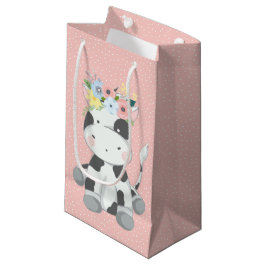 Sacola Para Presentes Pequena Bebê Vaca Bezerro Com Coroa Floral Rosa Pastel
