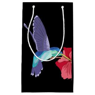Sacola Para Presentes Pequena Beija-flor azul e verde e Hibiscus vermelho