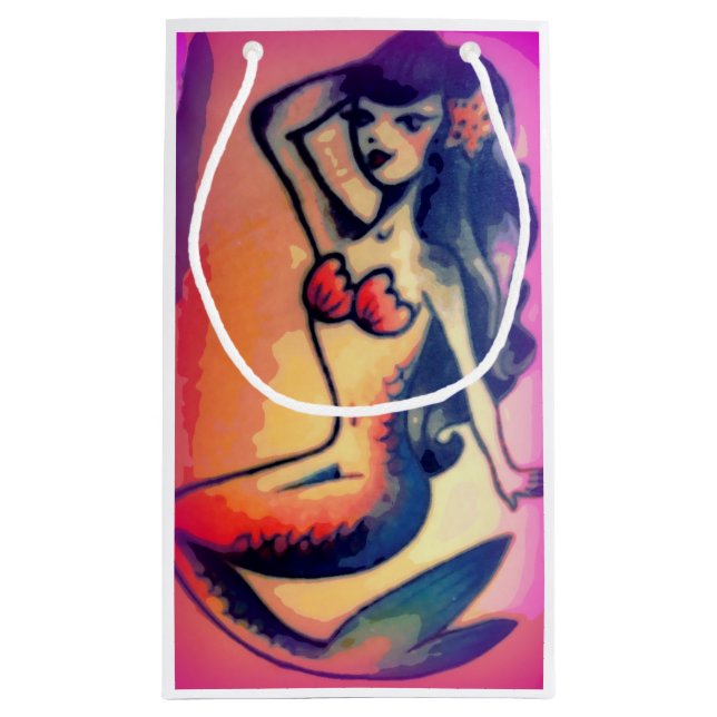 Sacola Para Presentes Pequena beleza de cabelo escuro da sereia (Verso)