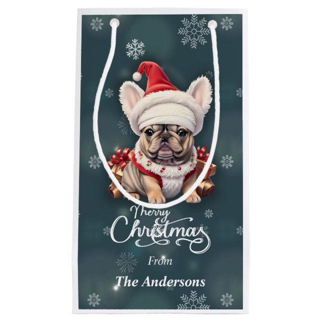 Sacola Para Presentes Pequena Belo Bulldog Francês Santa Hat Feliz Natal (Frente)