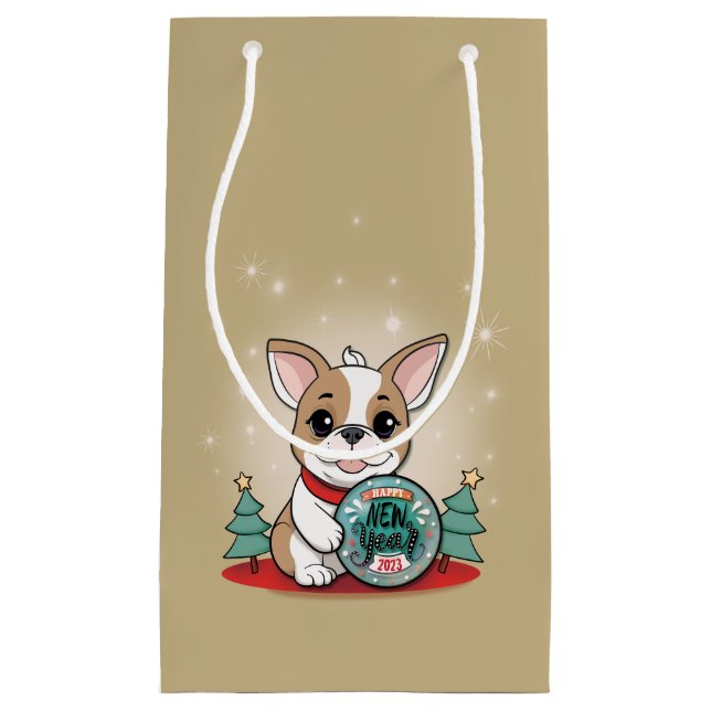 Sacola Para Presentes Pequena Belo Feliz ano novo francês Bulldog Engraçado (Frente)