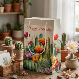 Sacola Para Presentes Pequena Belos Cactos Floridos Com Texto