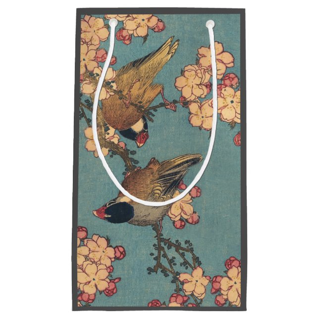 Sacola Para Presentes Pequena Birds Flowers Hokusai Art Japonês (Frente)
