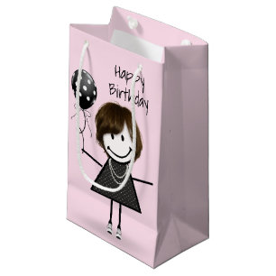 Sacola Para Presentes Pequena Birthday Stick Girl com balão de Bolinhas