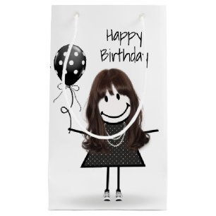 Sacola Para Presentes Pequena Birthday Stick Girl com balão de Bolinhas