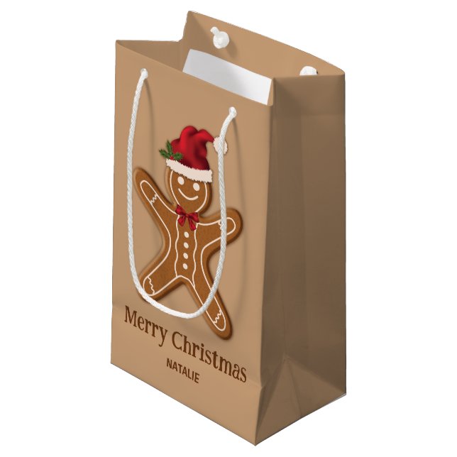 Sacola Para Presentes Pequena Biscoito de Natal de Gengibre Marrom com Texto (Frente inclinada)