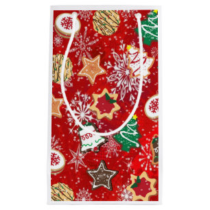 Sacola Para Presentes Pequena Biscoitos de Natal e Flocos de Neve em Vermelho