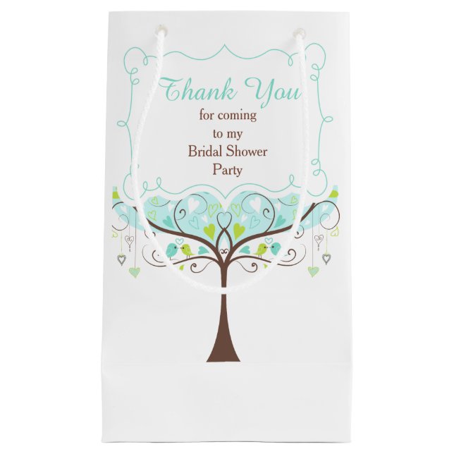 Sacola Para Presentes Pequena Blue and Green Floral Bird Bridal Shower Thank You (Frente)