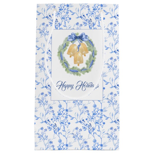 Sacola Para Presentes Pequena Blue Bow Watercolor Wreath Grandmillenial (Frente)