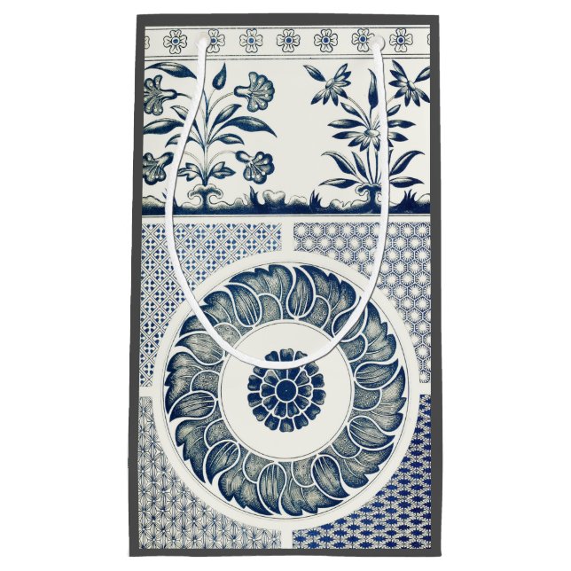 Sacola Para Presentes Pequena Blue White Floral Chinês redondo (Frente)