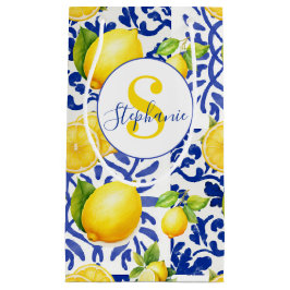 Sacola Para Presentes Pequena Blue White Lemon Tile Pattern Name Monogram Citrus