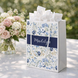 Sacola Para Presentes Pequena Blue Wildflower Watercolor Monogram