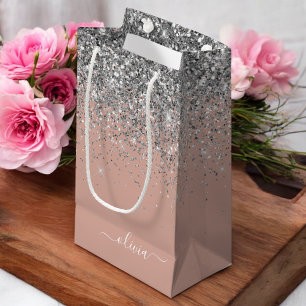 Sacola Para Presentes Pequena Blush Rosa Dourado Rosa Prata Brilho Monograma Fem