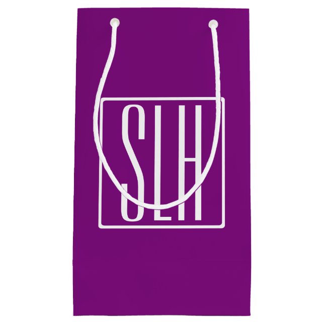 Sacola Para Presentes Pequena Bold Modern 3 Iniciais Monograma | Branco e Roxo (Frente)