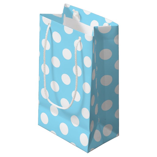 Sacola Para Presentes Pequena Bolinhas brancas em azul pálido (Frente inclinada)