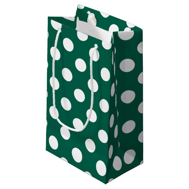 Sacola Para Presentes Pequena Bolinhas brancas em verde sage (Frente inclinada)