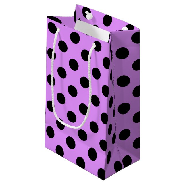Sacola Para Presentes Pequena Bolinhas pretas em lilás (Frente inclinada)