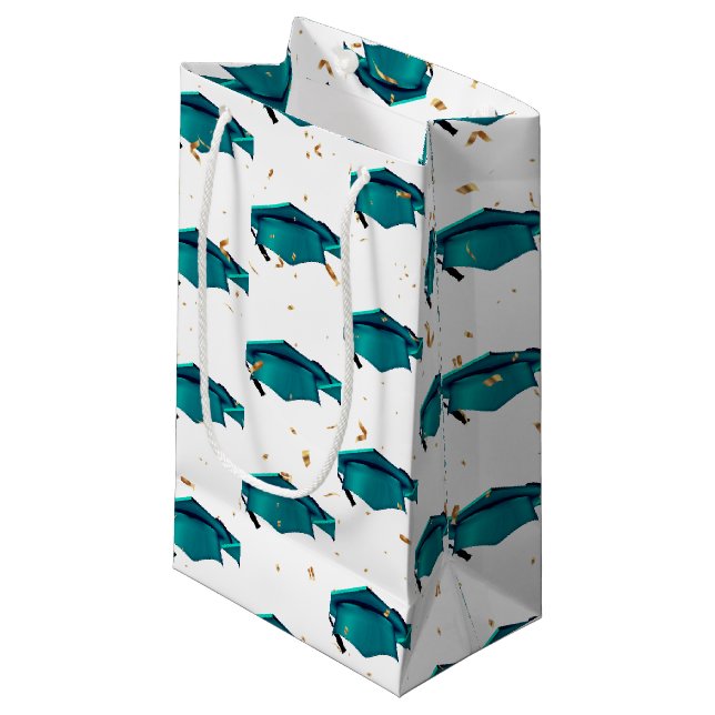 Sacola Para Presentes Pequena Boné de formatura Teal com Confetti (Frente inclinada)