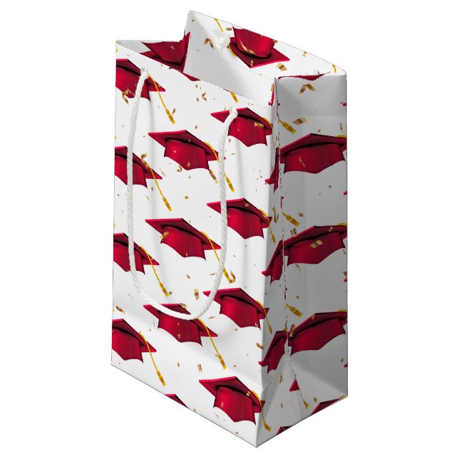 Sacola Para Presentes Pequena Boné de formatura Vermelho com Confetti (Frente inclinada)