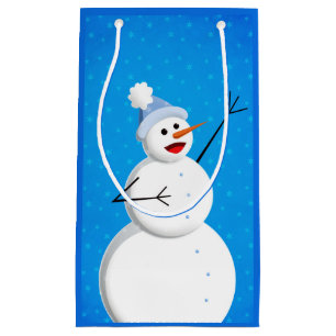 Sacola Para Presentes Pequena Boneco de neve feliz do inverno azul