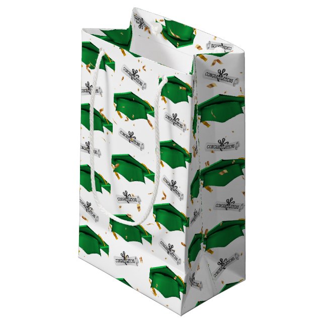 Sacola Para Presentes Pequena Bonés de formatura Verdes com Diplomas (Frente inclinada)
