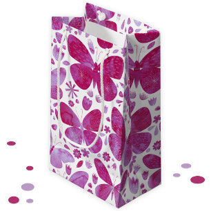 Sacola Para Presentes Pequena Borboletas Aquarela Magenta Rosa