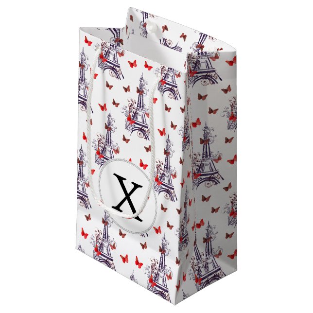 Sacola Para Presentes Pequena Borboletas de Torre Eiffel, Roxo Parisiense (Frente inclinada)