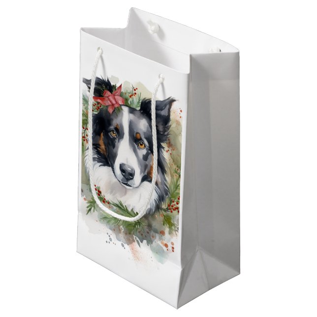 Sacola Para Presentes Pequena Border Collie Christmas Wreath Festivo Pup (Frente inclinada)