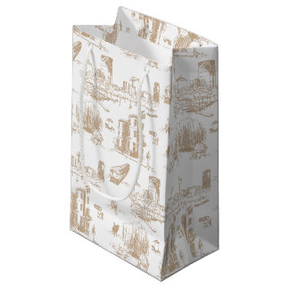 Sacola Para Presentes Pequena Boston Toile Tan e White