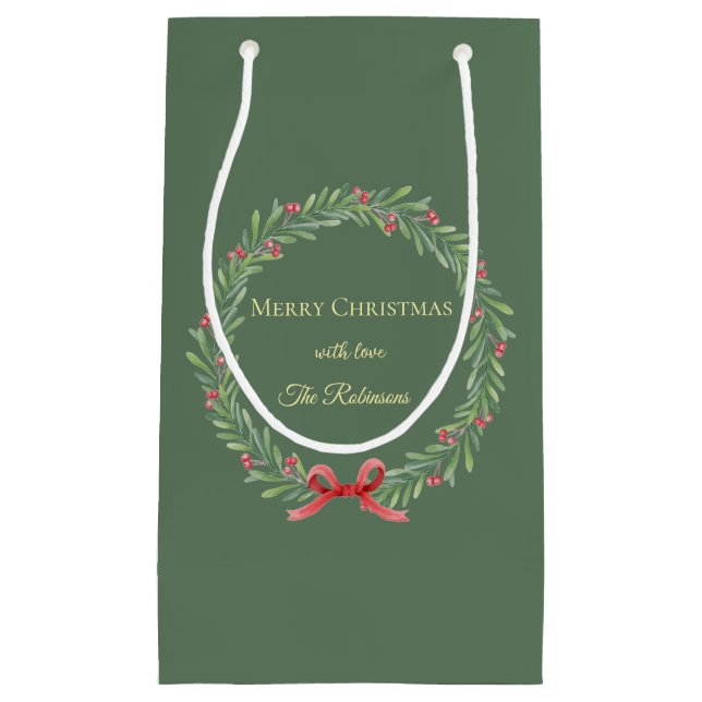Sacola Para Presentes Pequena Botanical Christmas Wreath Modern Script  (Frente)