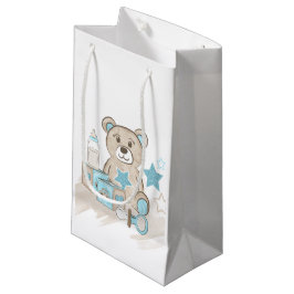 SACOLA PARA PRESENTES PEQUENA BOTÃO BLUE & TAN BABY BOY TEDDY BEAR BLOCTTTTTTLE