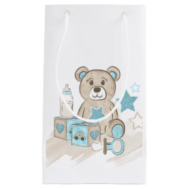 SACOLA PARA PRESENTES PEQUENA BOTÃO BLUE & TAN BABY BOY TEDDY BEAR BLOCTTTTTTLE
