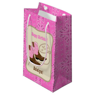 Sacola Para Presentes Pequena Botas & Bandana da vaqueira do rosa do feliz