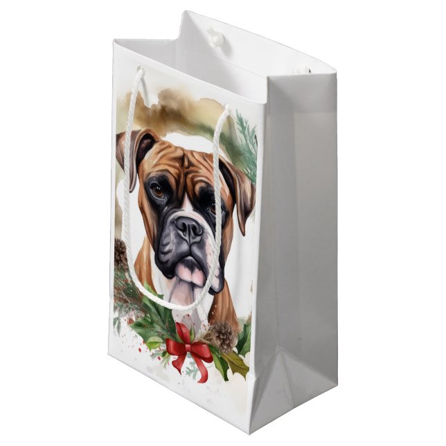 Sacola Para Presentes Pequena Boxer Christmas Wreath Festivo Pup (Frente inclinada)
