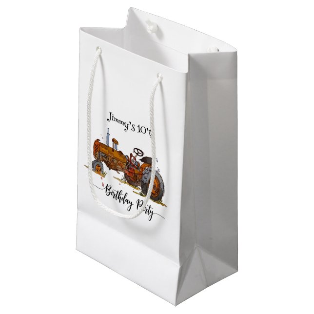Sacola Para Presentes Pequena Boys birthday party with antique tractor design (Frente inclinada)