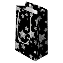 Sacola Para Presentes Pequena Brilhante prateado brilha Estrelas padrão preto