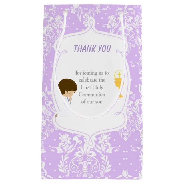 Sacola Para Presentes Pequena Brunette Boy First Communtion Damask (Frente)