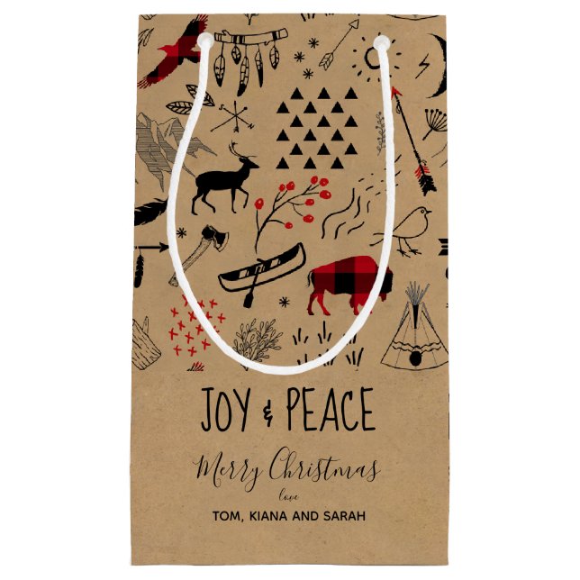 Sacola Para Presentes Pequena Buffalo Adventures Black & Red Xadrez/Kraft ID599 (Frente)