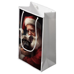 Sacola Para Presentes Pequena Buldogue Francês com Papai Noel Natal Festivo