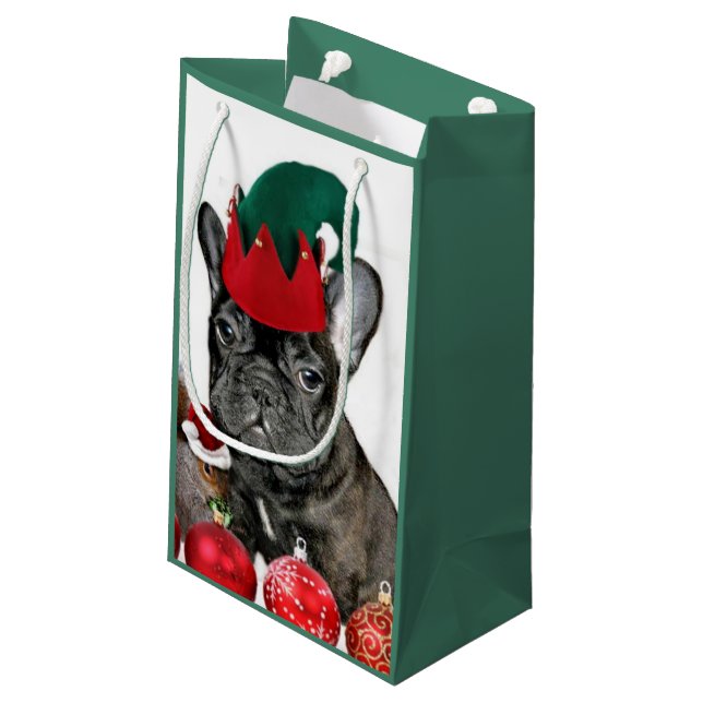 Sacola Para Presentes Pequena Buldogue francês do Natal (Verso inclinado)