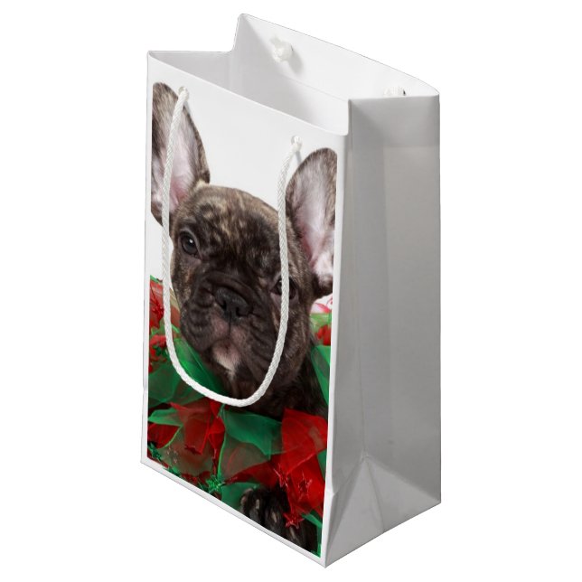 Sacola Para Presentes Pequena Buldogue francês que veste o colar do Natal (Frente inclinada)