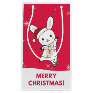 Sacola Para Presentes Pequena Bunny Feliz Natal Animais de inverno Coelhos Peque