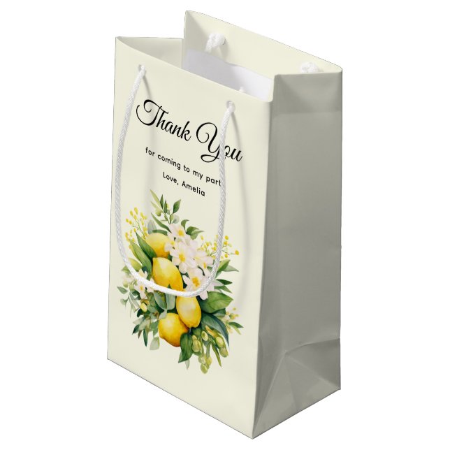 Sacola Para Presentes Pequena Buquê de Limão com Obrigado de Flores Brancas (Verso inclinado)