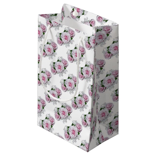 Sacola Para Presentes Pequena Buquê de Rosas Rosa (Frente inclinada)