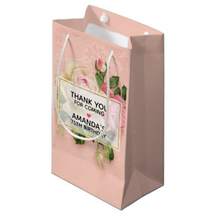 Sacola Para Presentes Pequena Buquê Rosa Cor-de-Rosa e Rosa Branca Obrigado