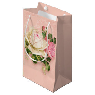 Sacola Para Presentes Pequena Buquê Rosa Rosa e Branco