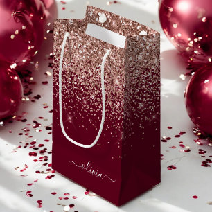 Sacola Para Presentes Pequena Burgundy Rose Dourado Blush Pink Glitter Monograma
