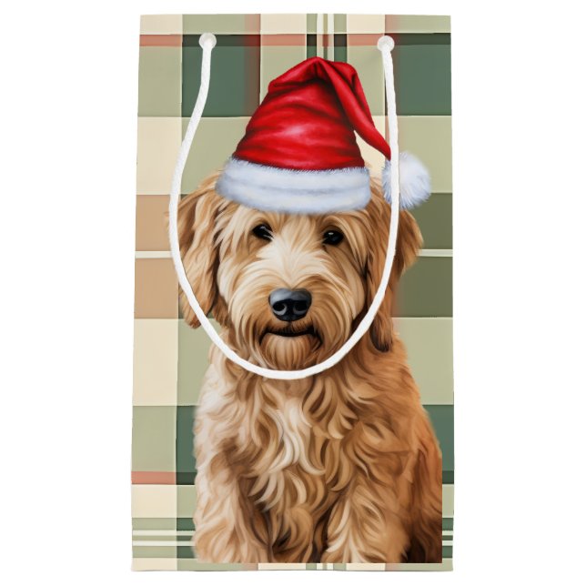 Sacola Para Presentes Pequena Cachorro de Goldendoodle Feriado e Natal de Xadrez (Frente)