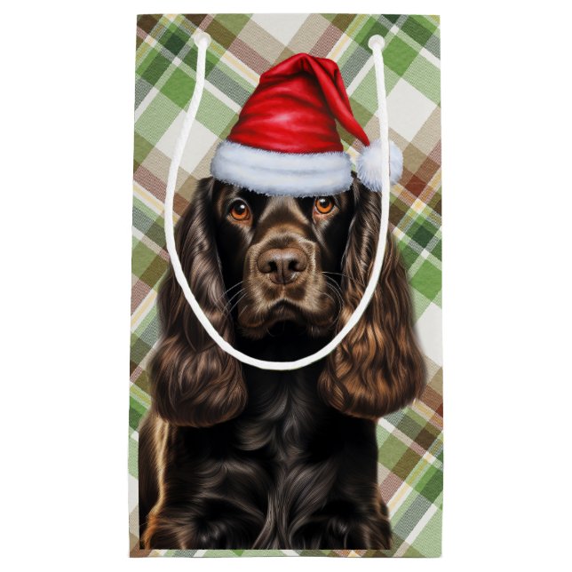 Sacola Para Presentes Pequena Cachorro de Natal Cocker Spaniel Chocolate Xadrez (Frente)